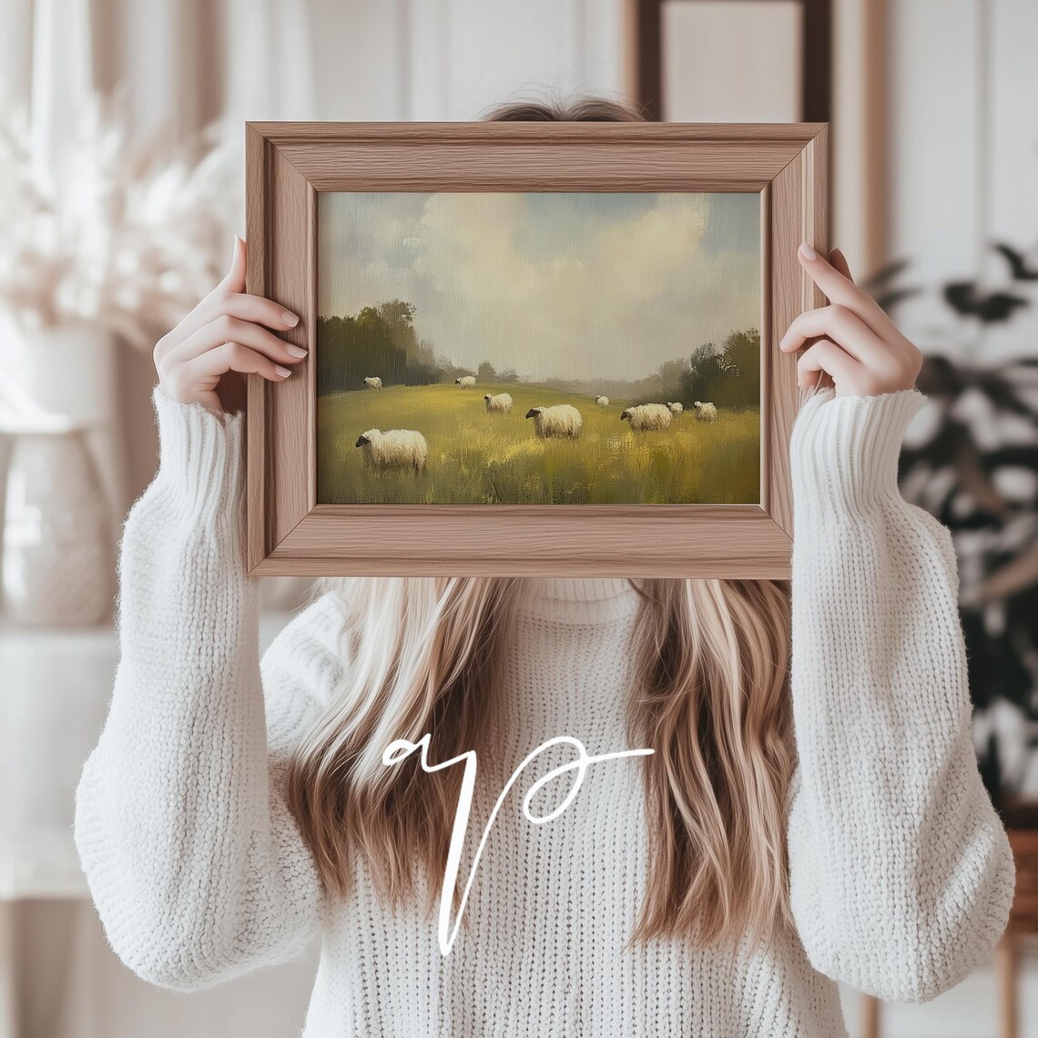 Sheep Grazing Golden Meadow Pastoral Landscape Oil Art Print - Image 3