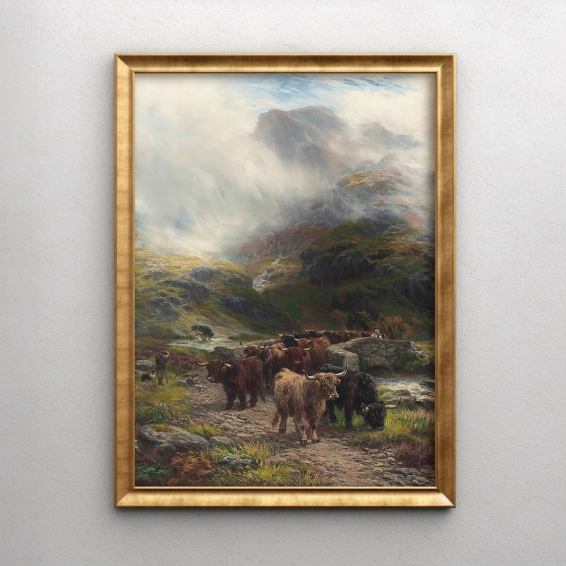 Highland Cows Misty Scottish Glen Vintage Oil Painting Poster