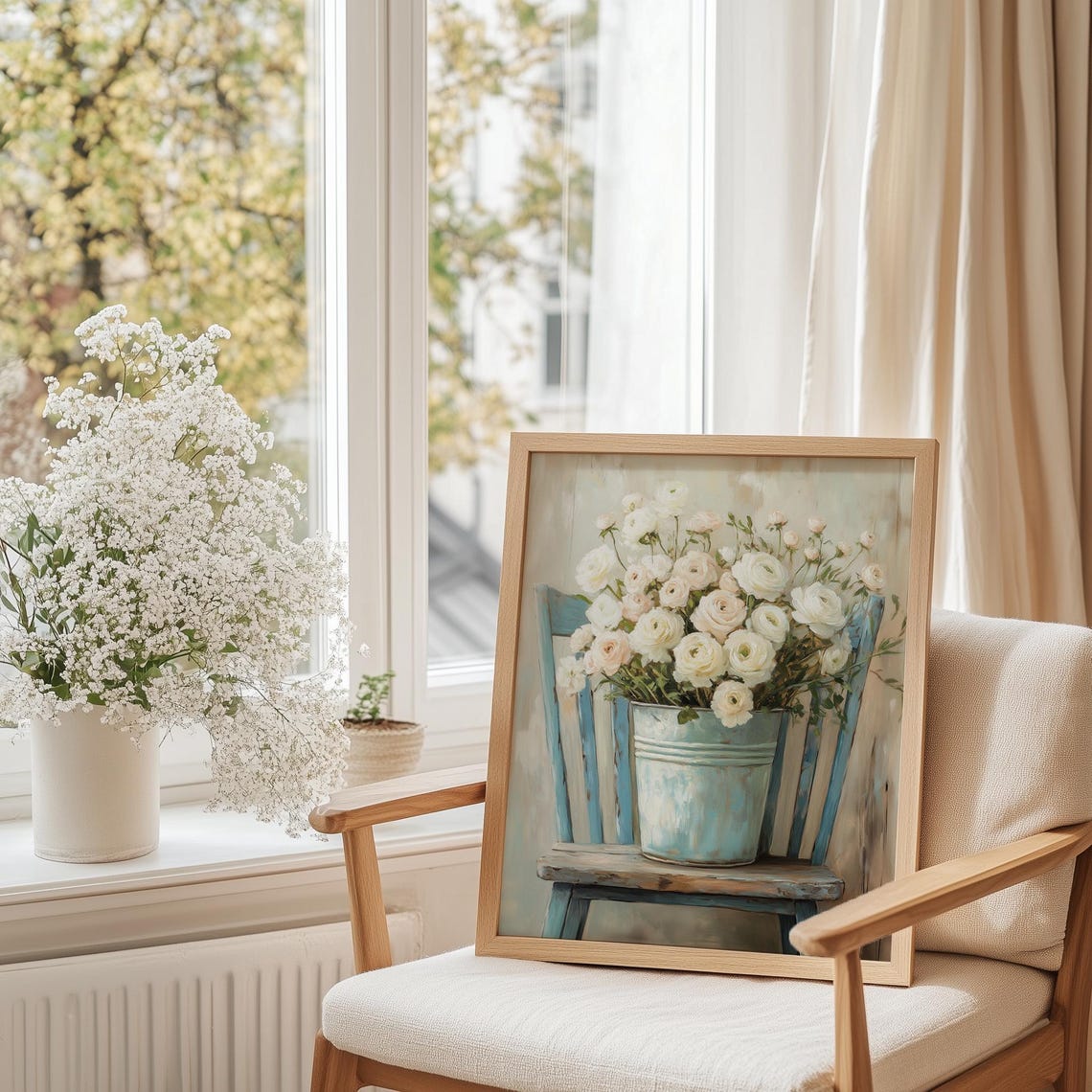 White Ranunculus Bouquet in a Blue Bucket on a Rustic Chair Art Poster - Image 5