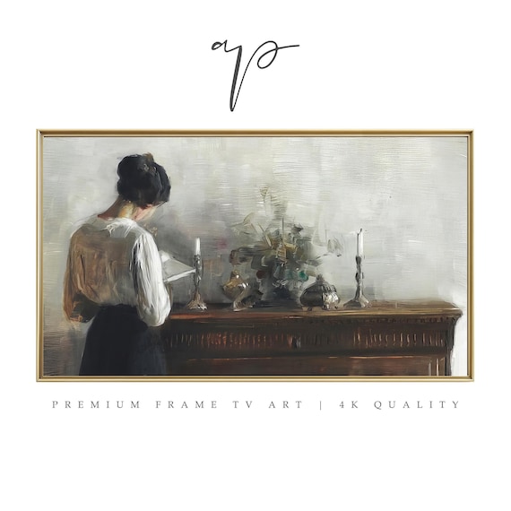 Moody Woman Reading Vintage Oil Painting Frame TV Art Poster