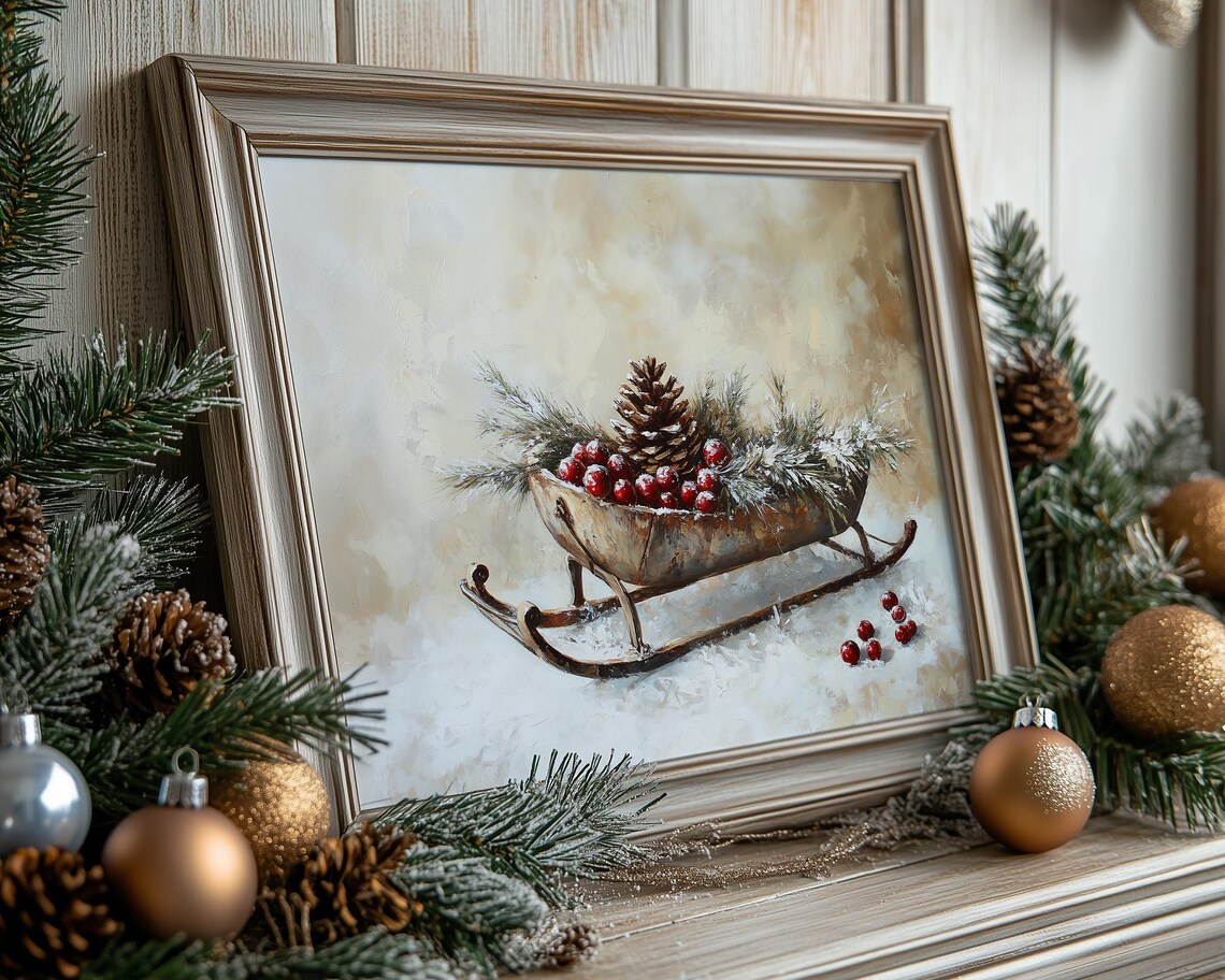 Antique Wooden Sled Pinecones Red Berries Frosted Pine Winter Poster - Image 2