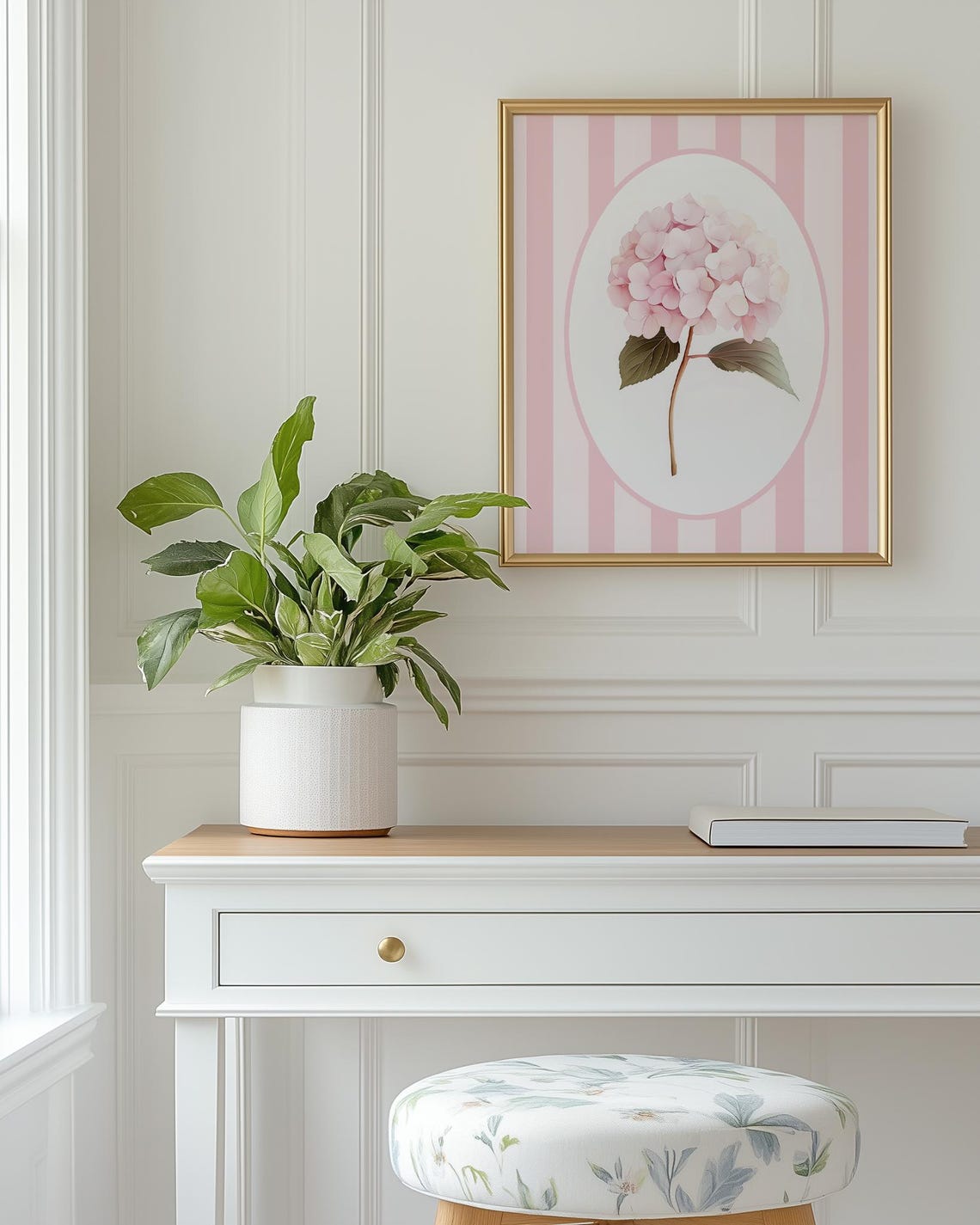 Pink Hydrangea Bloom on Pink Stripes Botanical Nursery Decor Poster - Image 3