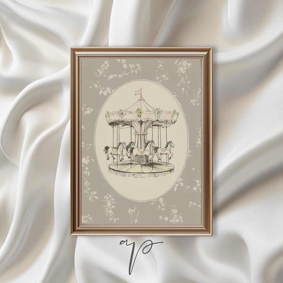 Vintage Carousel Horses Oval Medallion Pink Nursery Art Poster