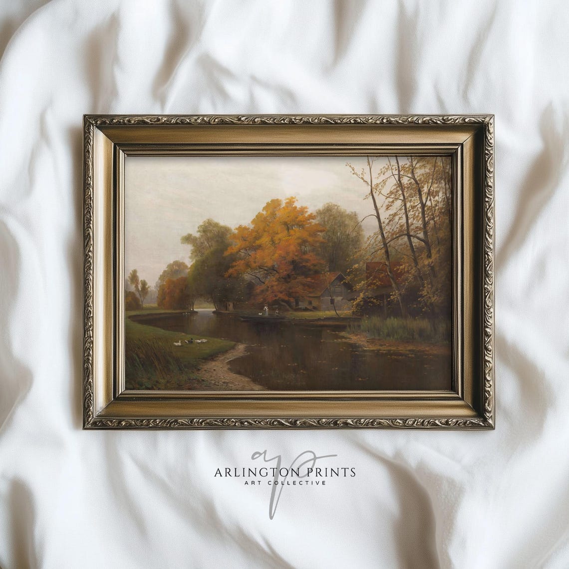 Antique Autumn Park Painting Vintage Fall Landscape Wall Art Rustic Cottage River Scene Dc905