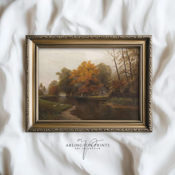 Antique Autumn Park Painting Vintage Fall Landscape Wall Art Rustic Cottage River Scene Dc905