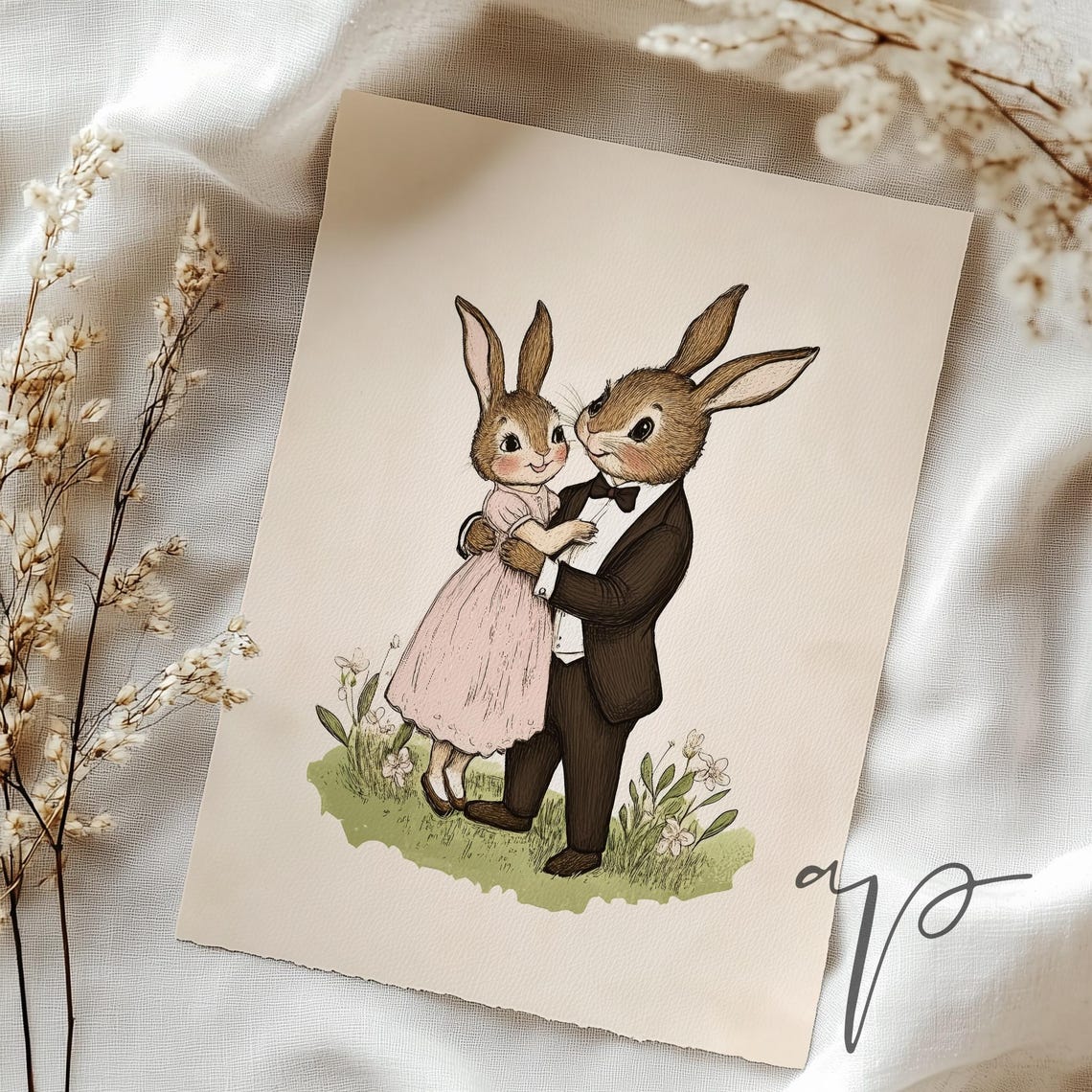 Cute Rabbit Couple Nursery Print Vintage Neutral Nursery Decor Vintage Nursery Wall Art Arlingtonprints Ba19 - Image 3