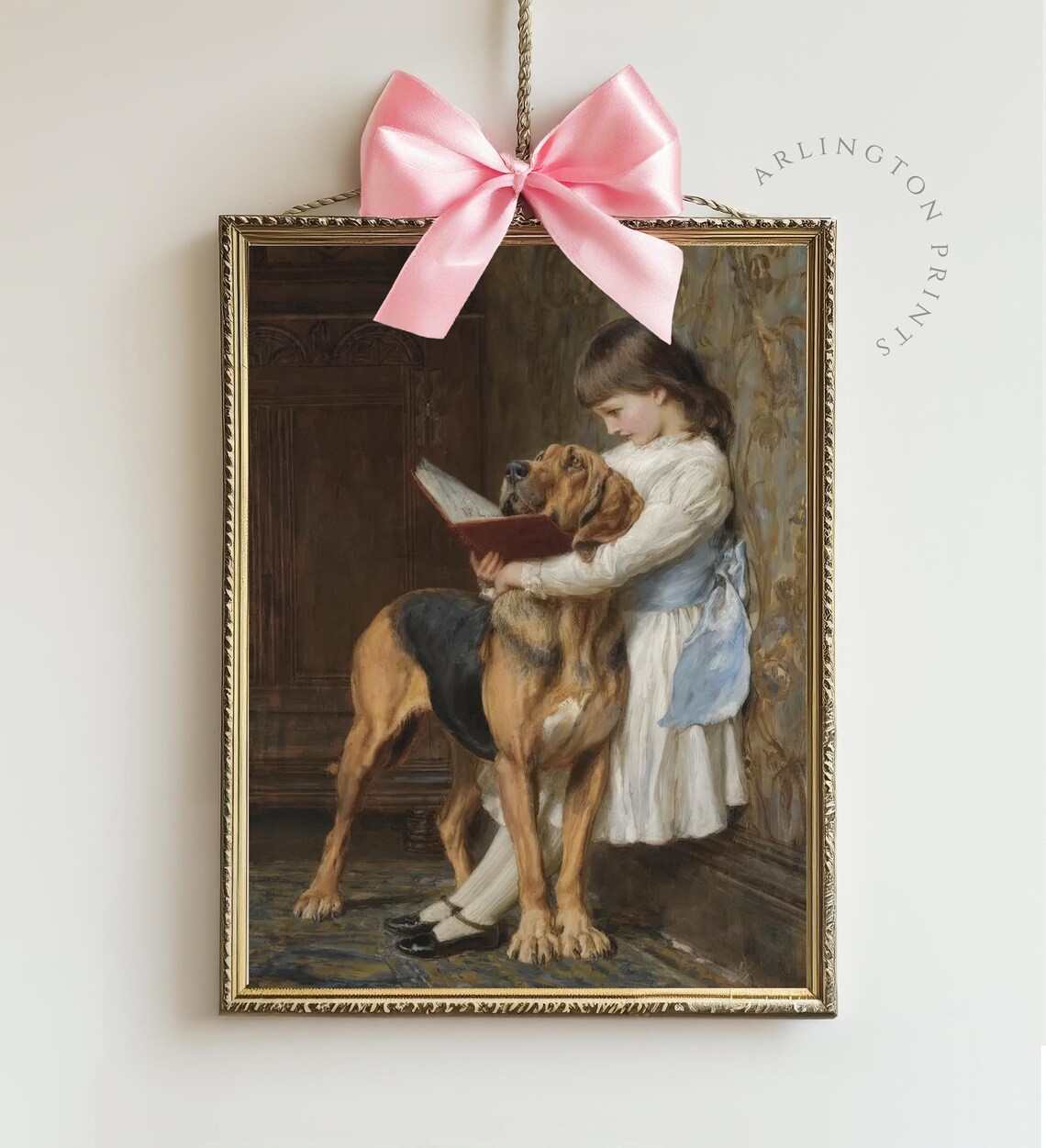 Girl Reading with Hound Classical Oil Painting Vintage Dog Poster