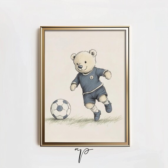 Teddy Bear Soccer Player Kicking Ball Watercolor Nursery Poster