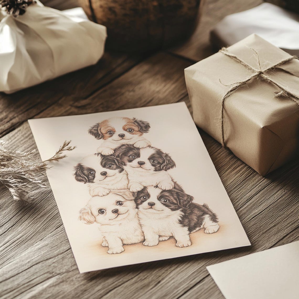 Five Cute Puppies Stacked Pyramid Soft Watercolor Nursery Art Poster - Image 3