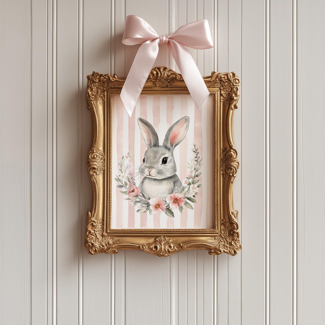 Cute Pink Floral Bunny Art Pink Stripe Spring Nursery Wall Art Girly Easter Decor Grandmillenial Nursery Rabbit Wall Art A701 - Image 2