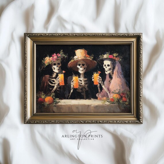 Skeletons Drinking Halloween Art Barcart Decor Autumn Skeleton Party Wall Spooky Vintage Painting 4509