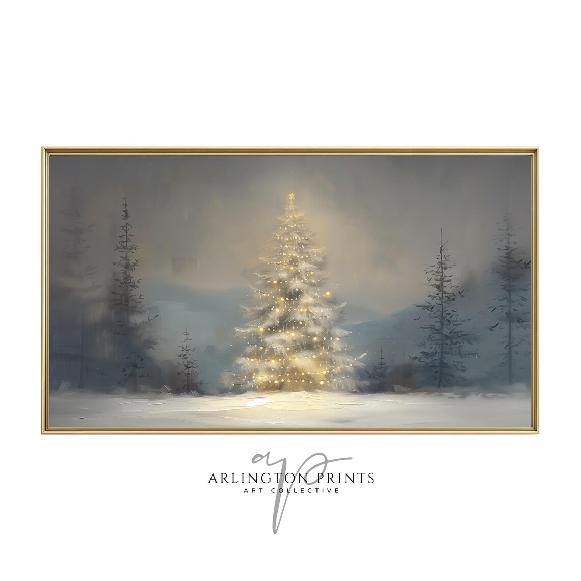 Moody Winter Glowing Christmas Tree Snowy Forest Landscape Print