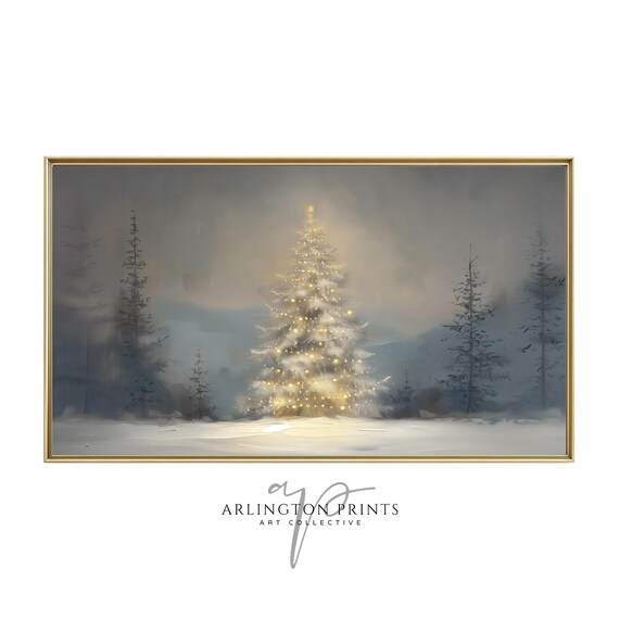 Moody Winter Glowing Christmas Tree Snowy Forest Landscape Print
