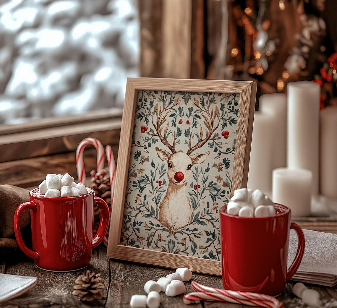 Cute Rudolph Red Nose Reindeer Floral Christmas Nursery Wall Print - Image 3