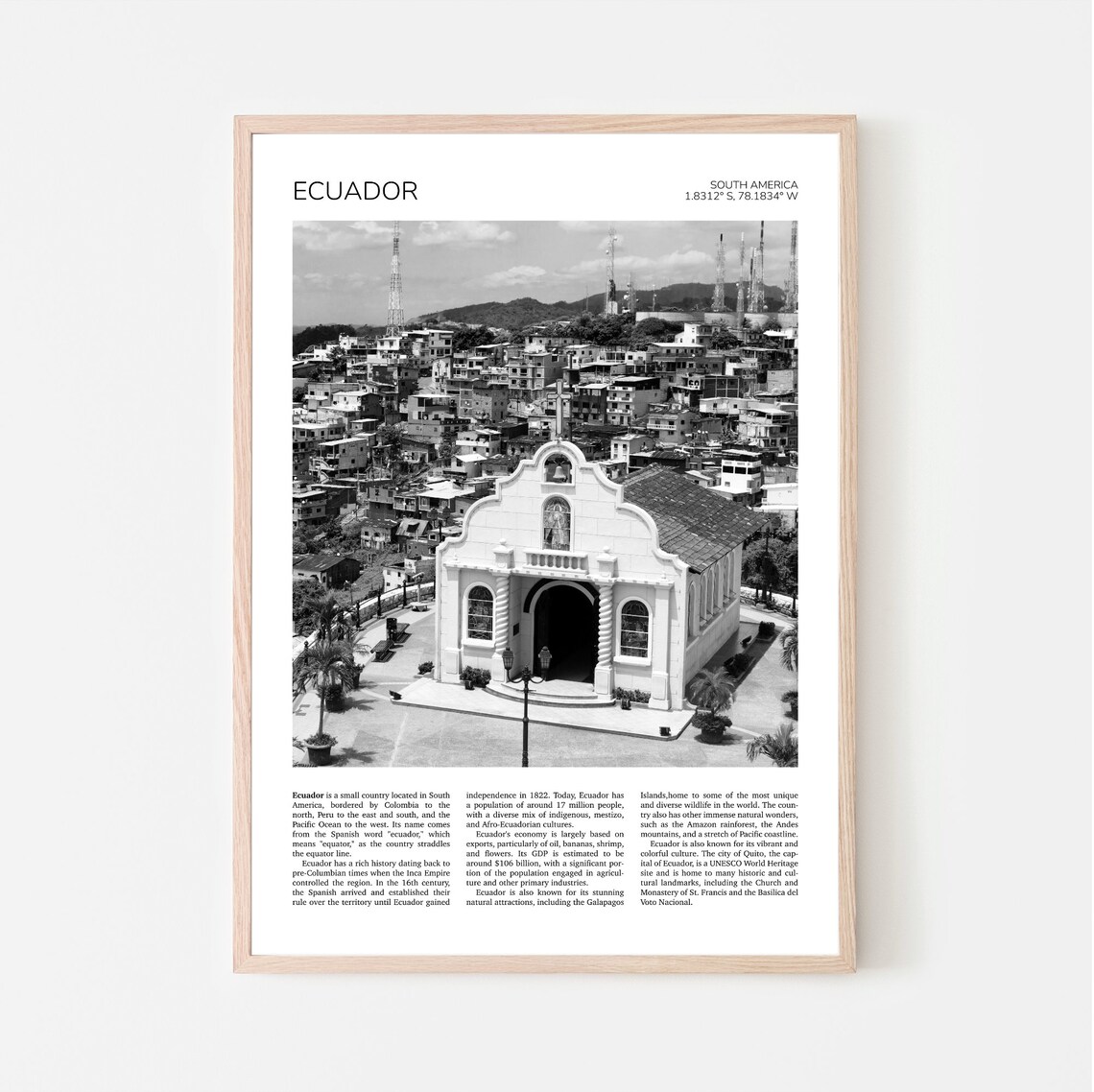 Ecuador Guayaquil Church Hilltop Black White Photo Travel Poster
