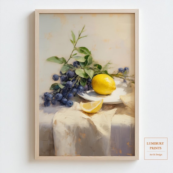 Lemon Blueberry Still Life Oil Painting Sunlit Kitchen Fruit Poster