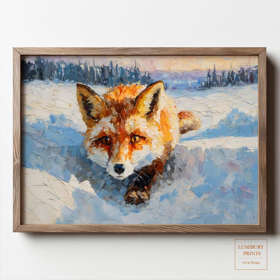 Winter Fox Wall Art Snow Print Painting Vintage Animal Decor Instant
