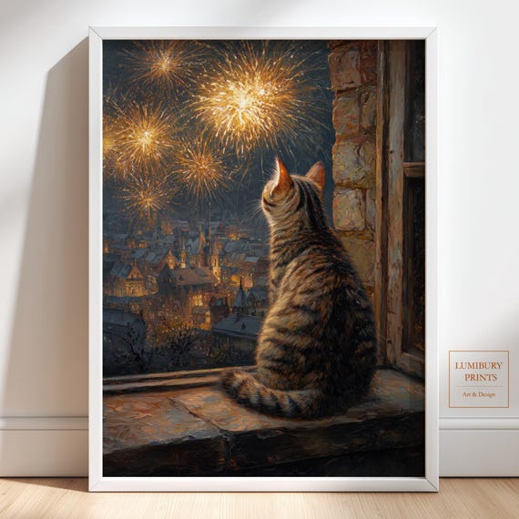 Snowy Cat Wall Art Winter Village Painting Firework Print New Year Decor Instant