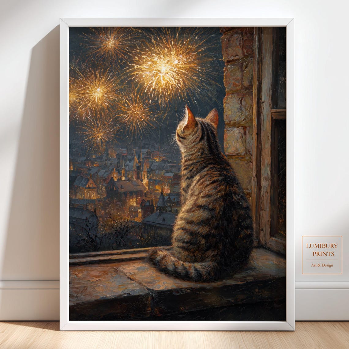 Snowy Cat Wall Art Winter Village Painting Firework Print New Year Decor Instant