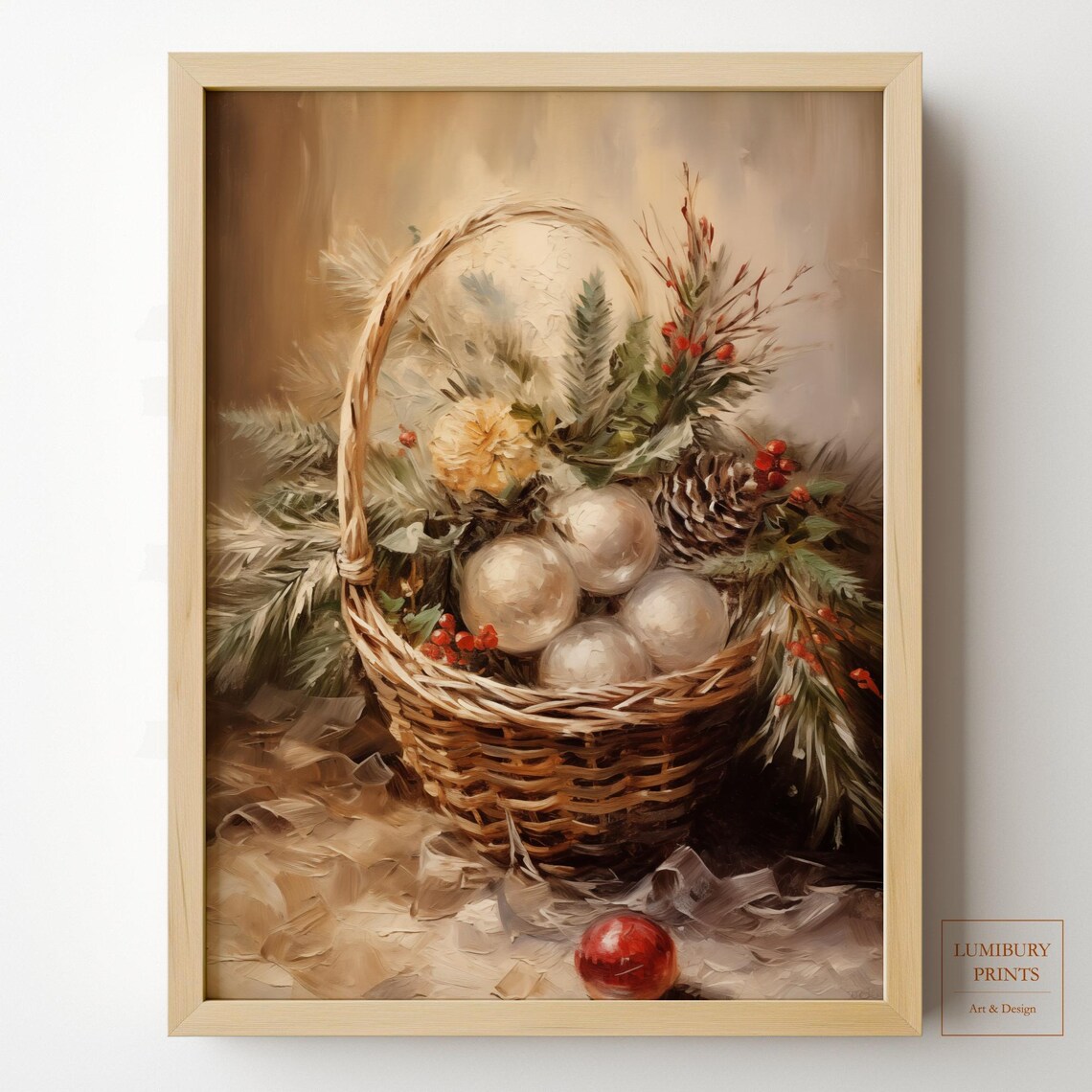 Elegant White Christmas Basket Ornaments Pine Holiday Poster