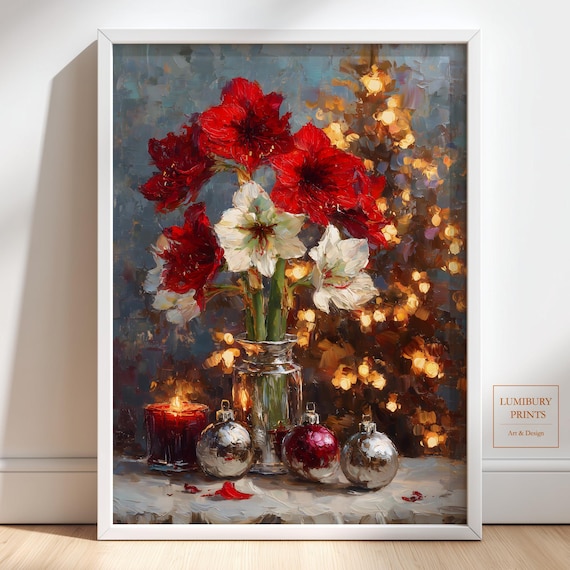 Christmas Amaryllis Wall Art Botanical Print Vintage Decor Tree Instant