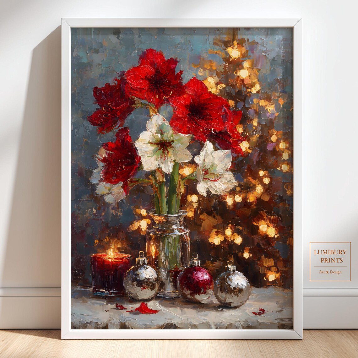 Christmas Amaryllis Wall Art Botanical Print Vintage Decor Tree Instant