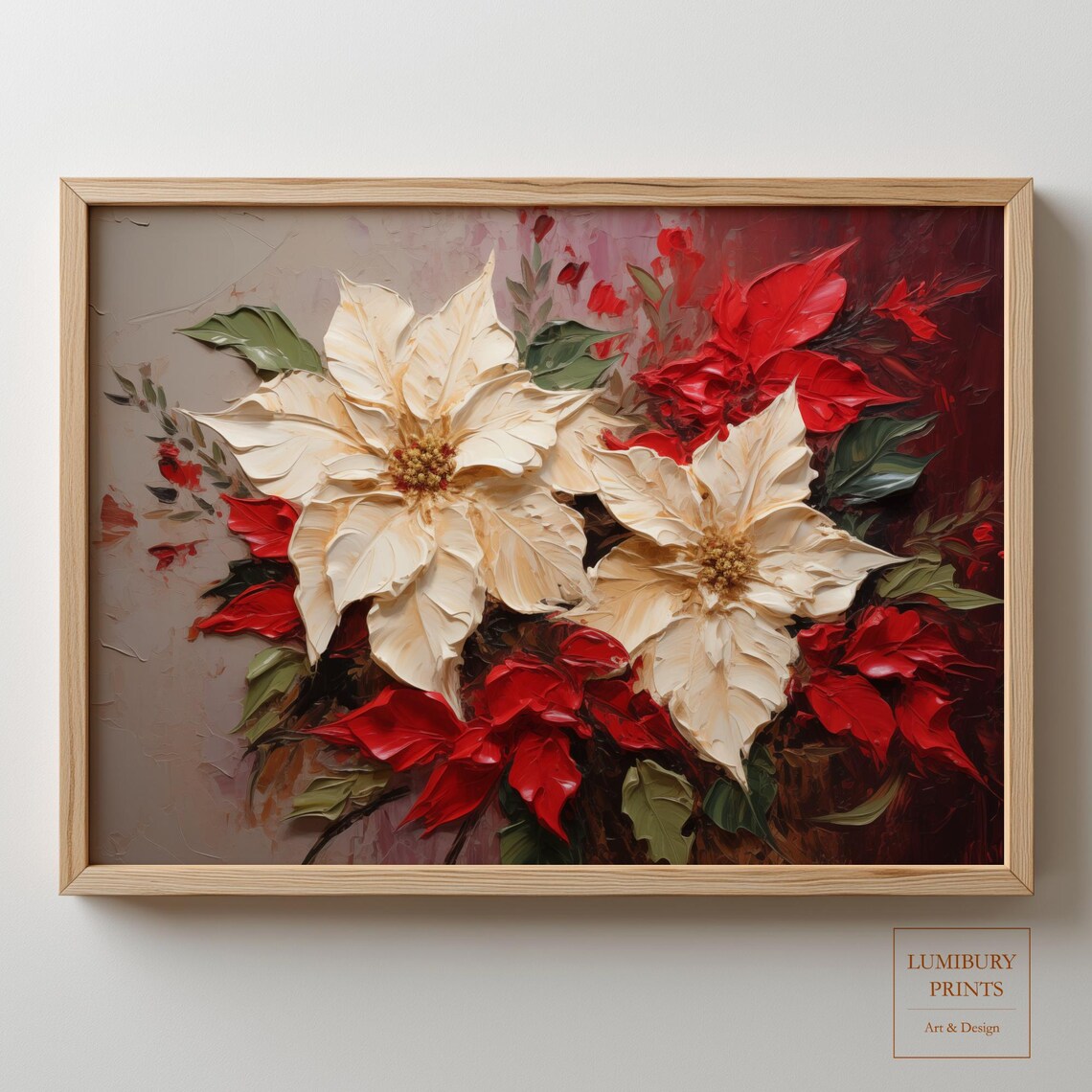 White Poinsettias with Red Blooms Impasto Christmas Floral Poster