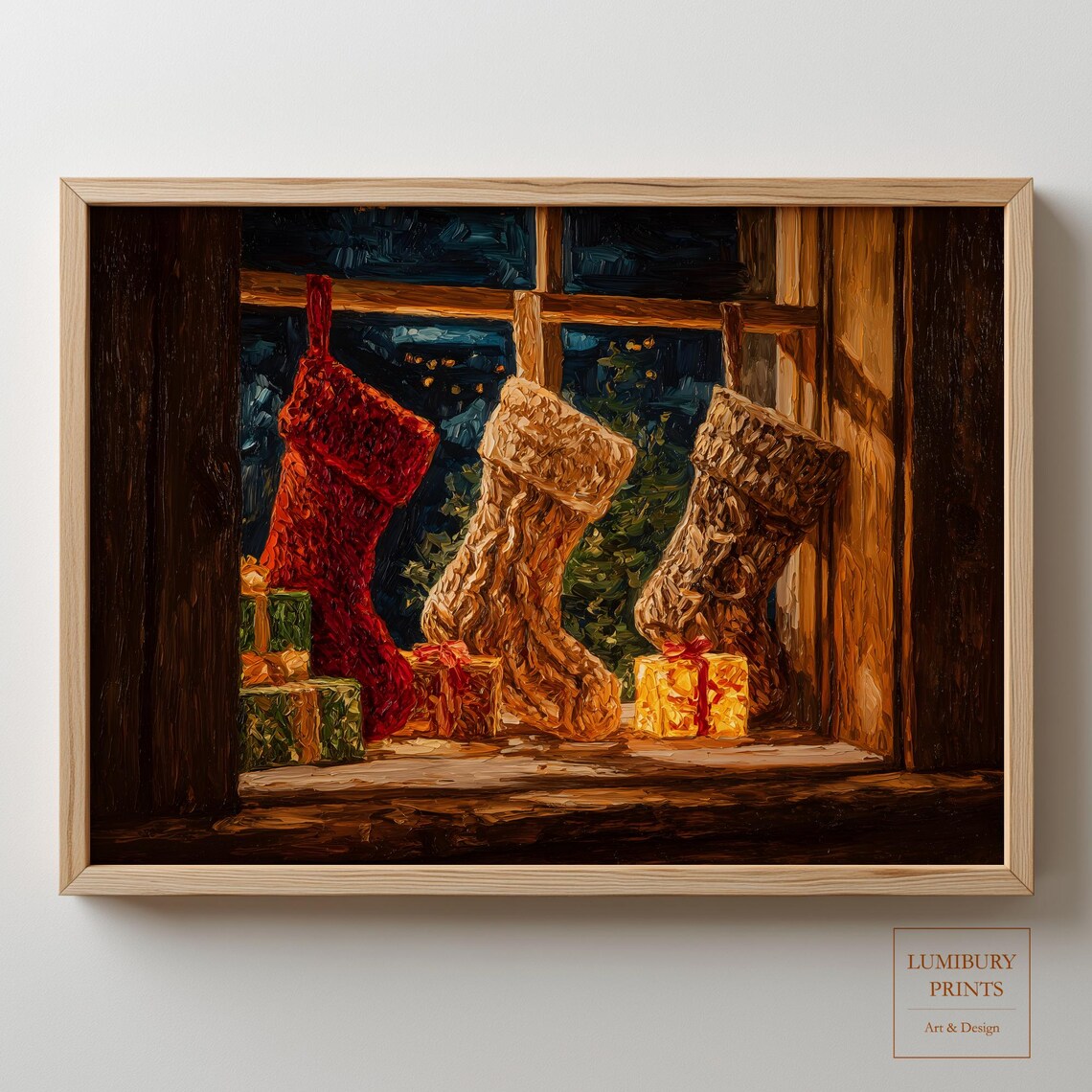 Cozy Knit Christmas Stockings Hanging in Window Night Scene Poster