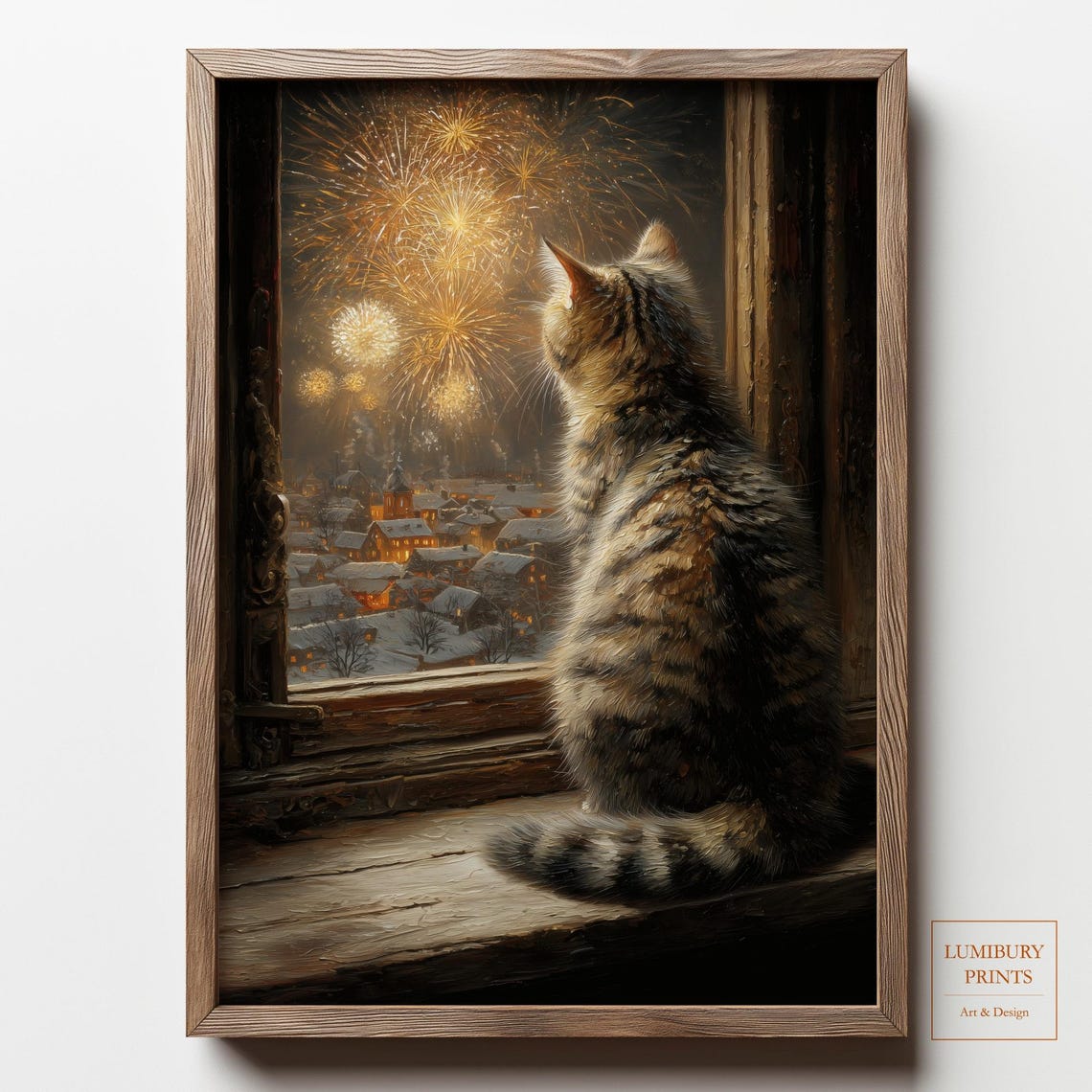 Winter Cat Wall Art Snowy Village Painting Firework Print New Year Decor Instant