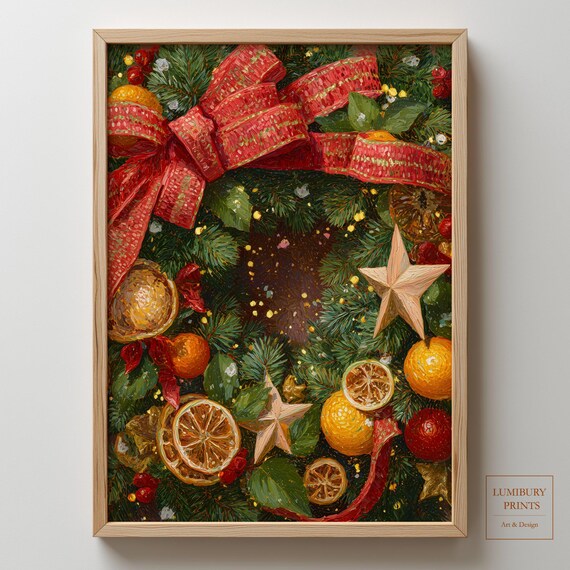 Christmas Wreath Dried Oranges Red Ribbon Vintage Painting Poster