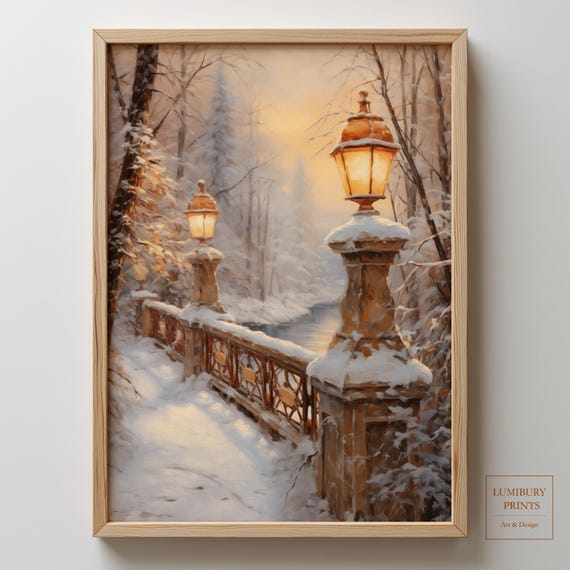 Winter Park Print Snowy Landscape Snow Covered Bridge Art Lamp Post Painting