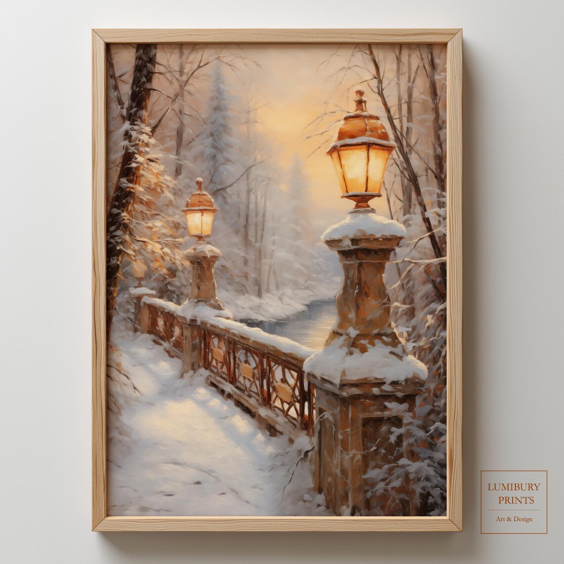 Snow Covered Bridge Golden Lamp Posts Winter Landscape Painting Wall Art