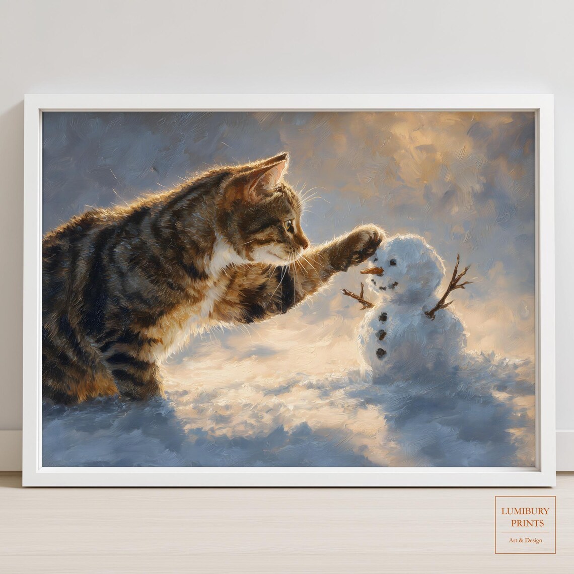 Winter Cat Wall Art, Snowman Painting Art Print