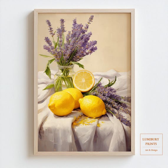 Lemon Wall Art Lavender Kitchen Decor Rustic Botanical Print Country Vintage Fruit Poster