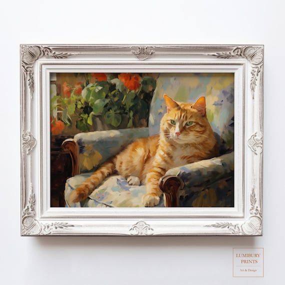 Charming Orange Tabby Cat on Floral Armchair Sunny Window Poster