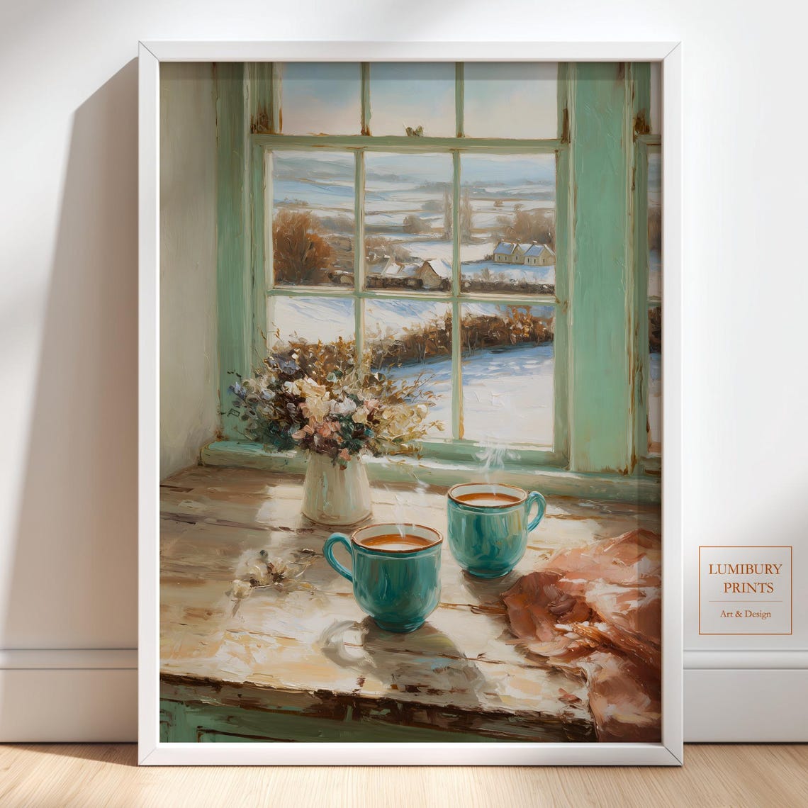 Cozy Winter Window Snowy Landscape Two Turquoise Mugs Art Print