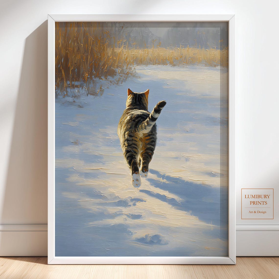 Tabby Cat Walking In Snow Winter Landscape Oil Painting Poster