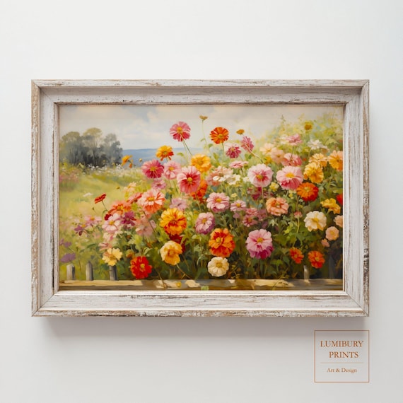 Zinnia Summer Garden Flowers Rustic Fence Country Painting Poster