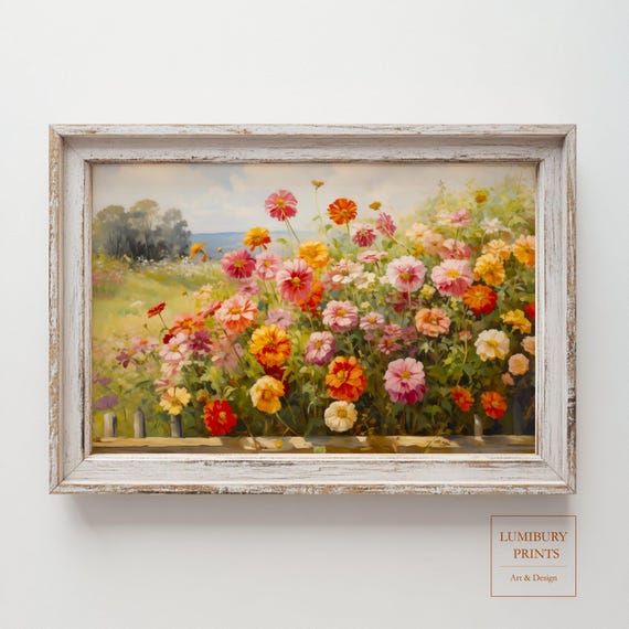 Zinnia Wall Art Rustic Summer Flower Print Country Garden Poster Botanical Floral Farmhouse Decor Instant