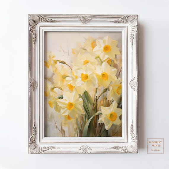 Vintage Daffodil Print Botanical Flower Wall Art Cottage Bedroom Decor Farmhouse Dining Spring Floral