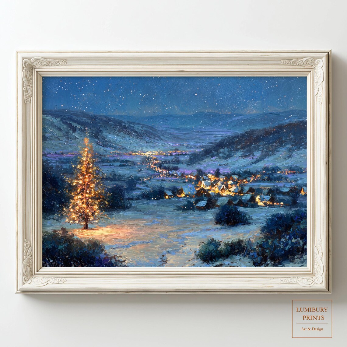 Lit Christmas Tree Over Snowy Village Night Impasto Oil Poster