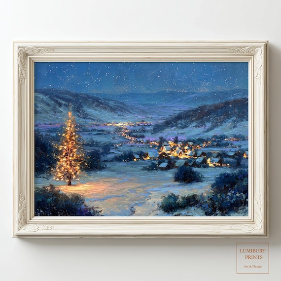 Lit Christmas Tree Over Snowy Village Night Impasto Oil Poster