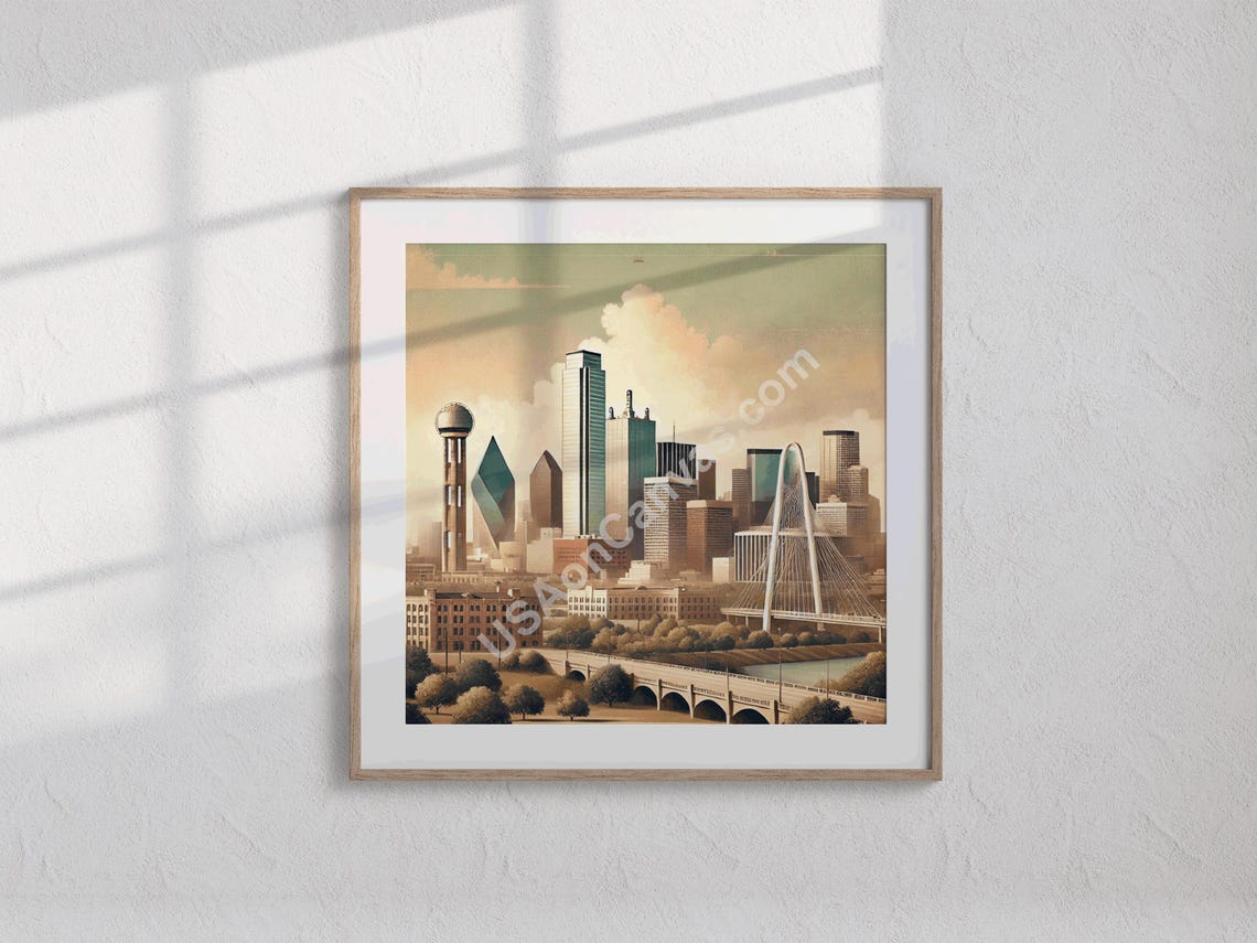 Vintage Dallas Skyline Retro Texas Cityscape Travel Art Poster
