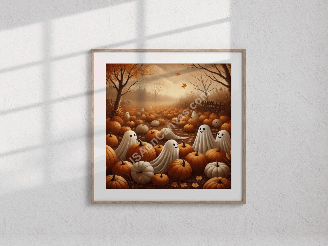 Cute Smiling Ghosts Among Pumpkins in Autumn Harvest Field Poster