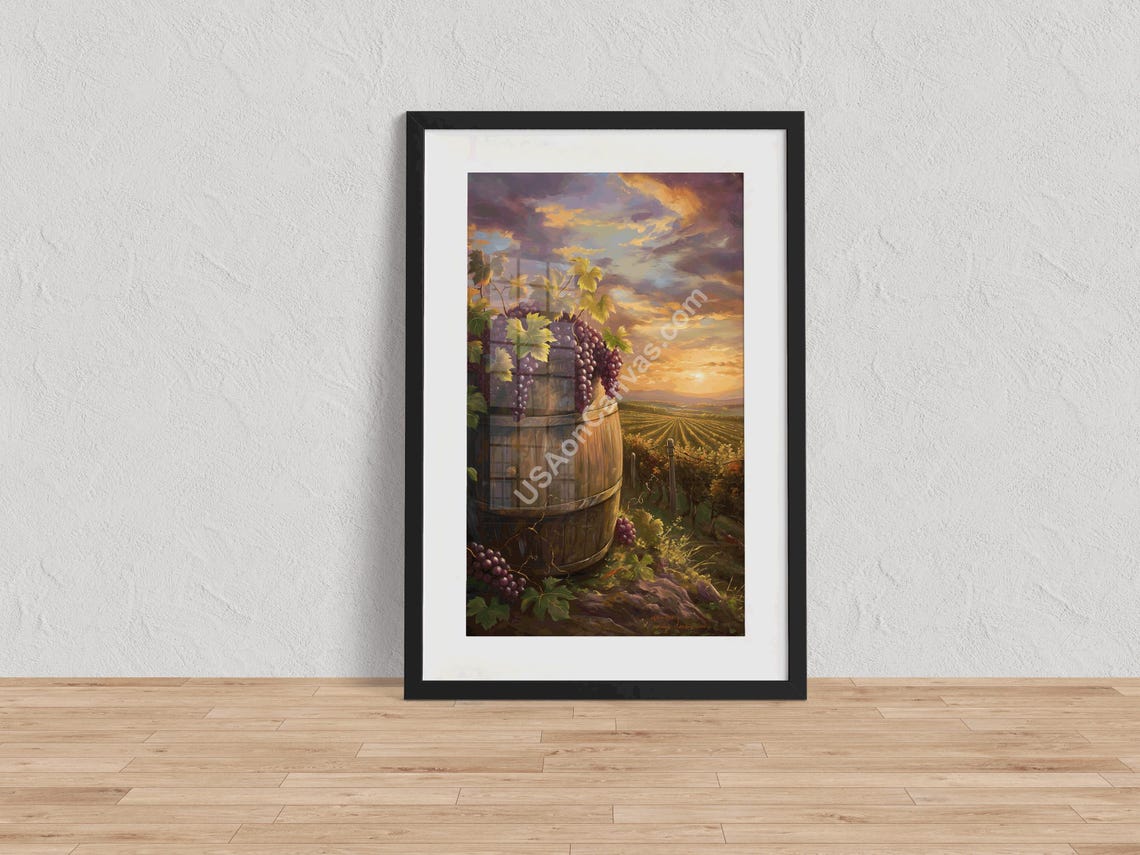 Rustic Wine Barrel with Grapes Overlooking Vineyard at Sunset Poster