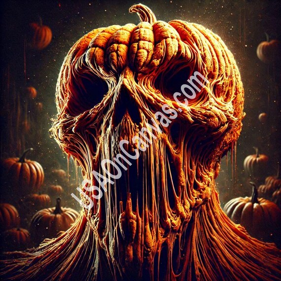 Melting Pumpkin Skull with Dripping Fibers Horror Art Poster