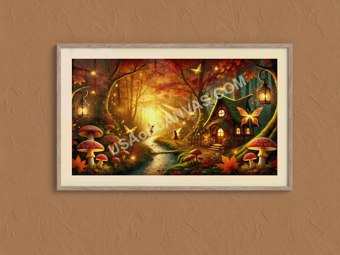 Magical Fairy Cottage In Mushroom Forest Autumn Night Poster