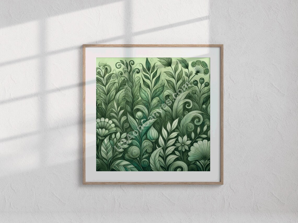 Intricate Green Botanical Leaves Monochrome Nature Art Poster