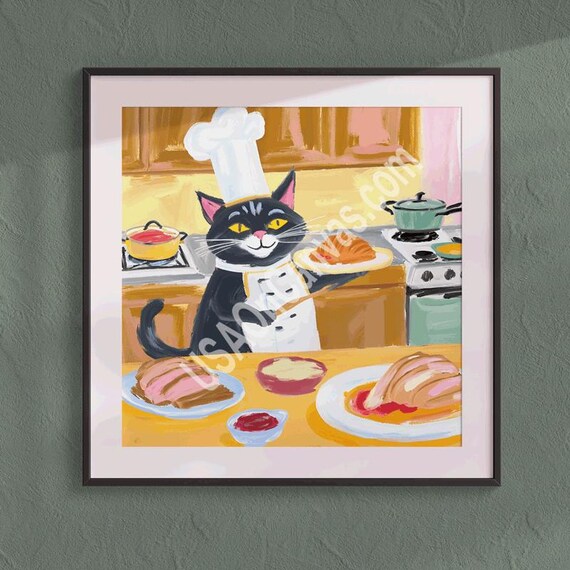 Black Cat Chef Serving Roasted Chicken in a Yellow Kitchen Poster