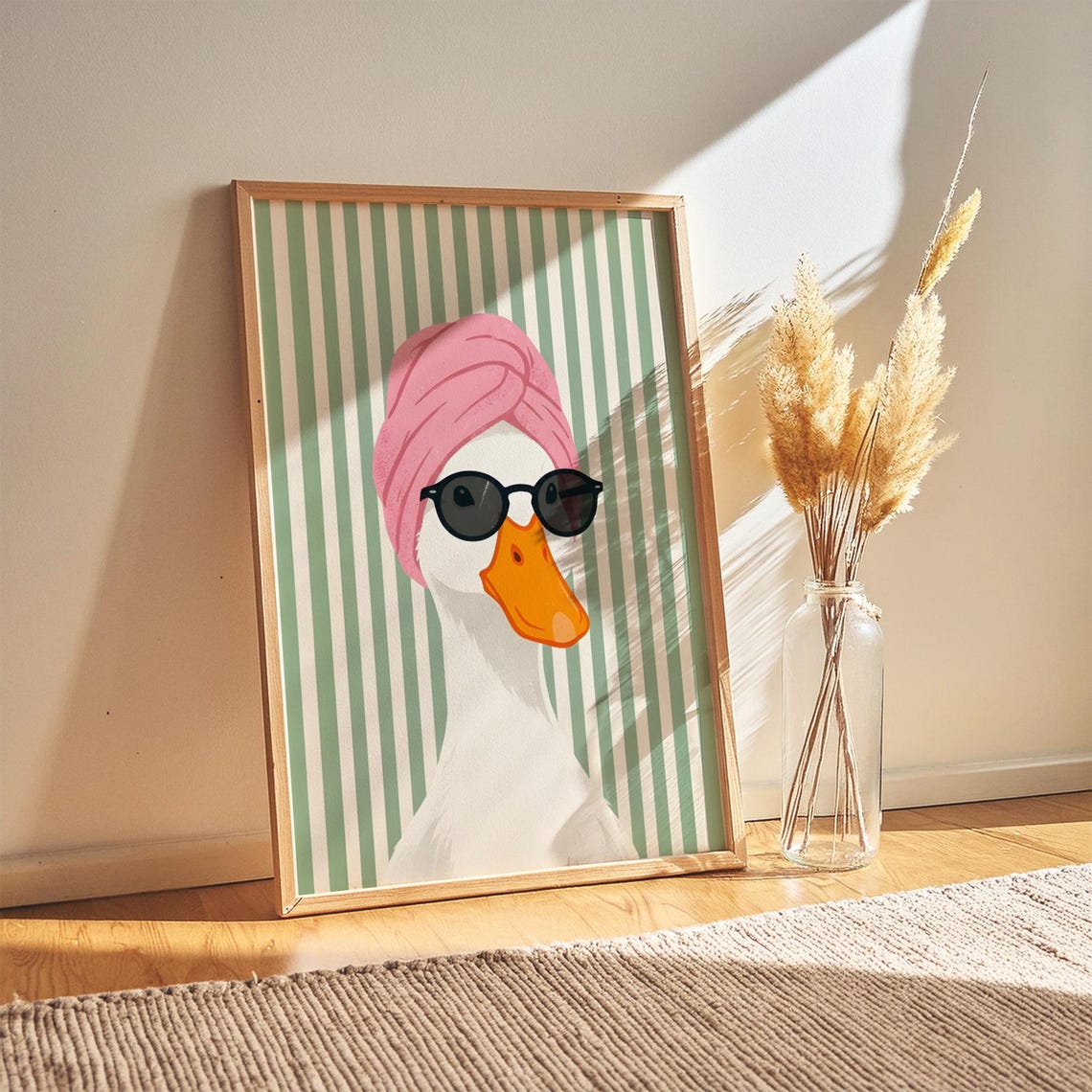 Funny Duck In Pink Towel Poster Sage Green Stripes Eclectic Bath Print Digital Download